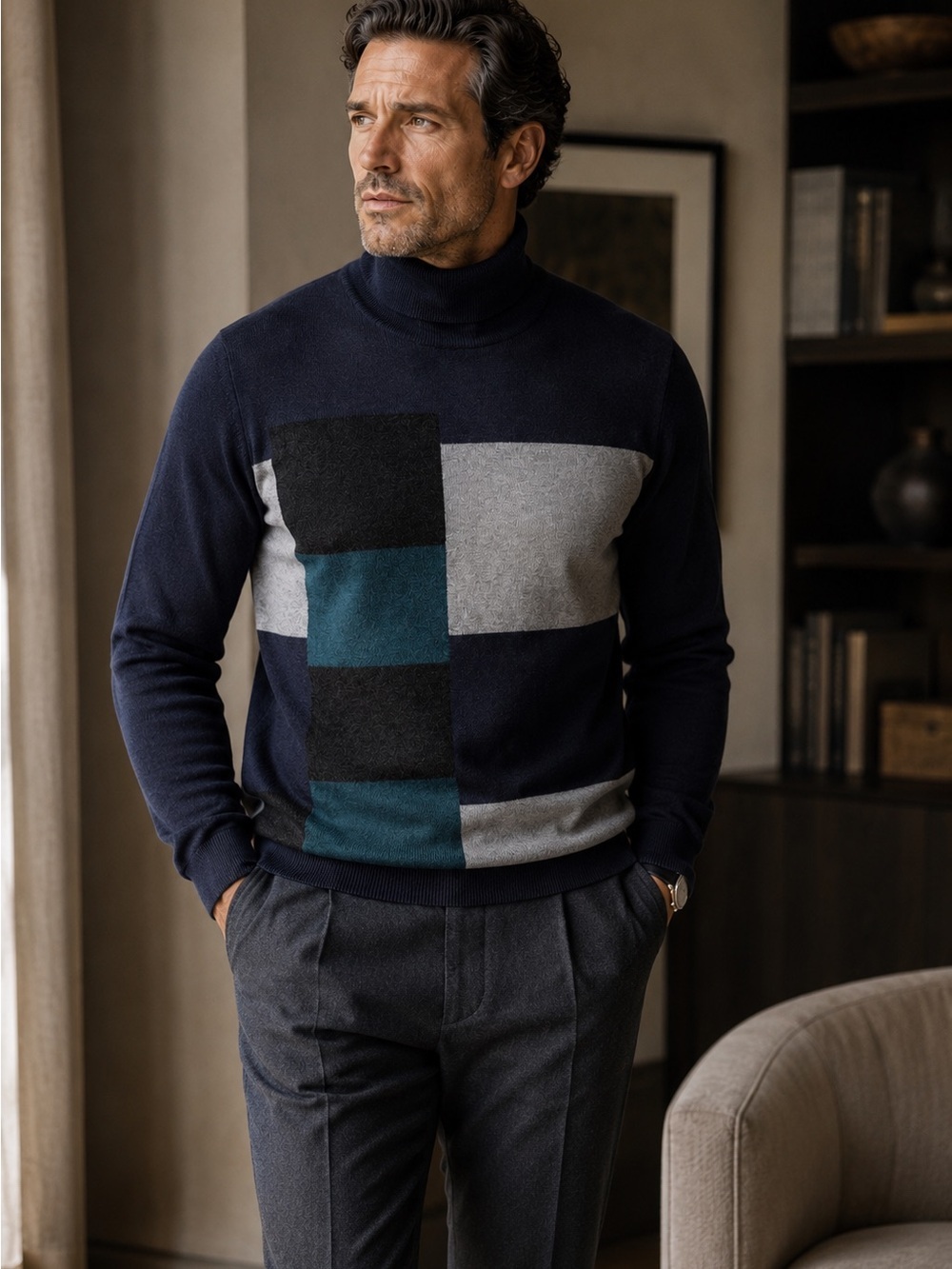 Zegna Men's Navy Colorblock Turtleneck Sweater- Large